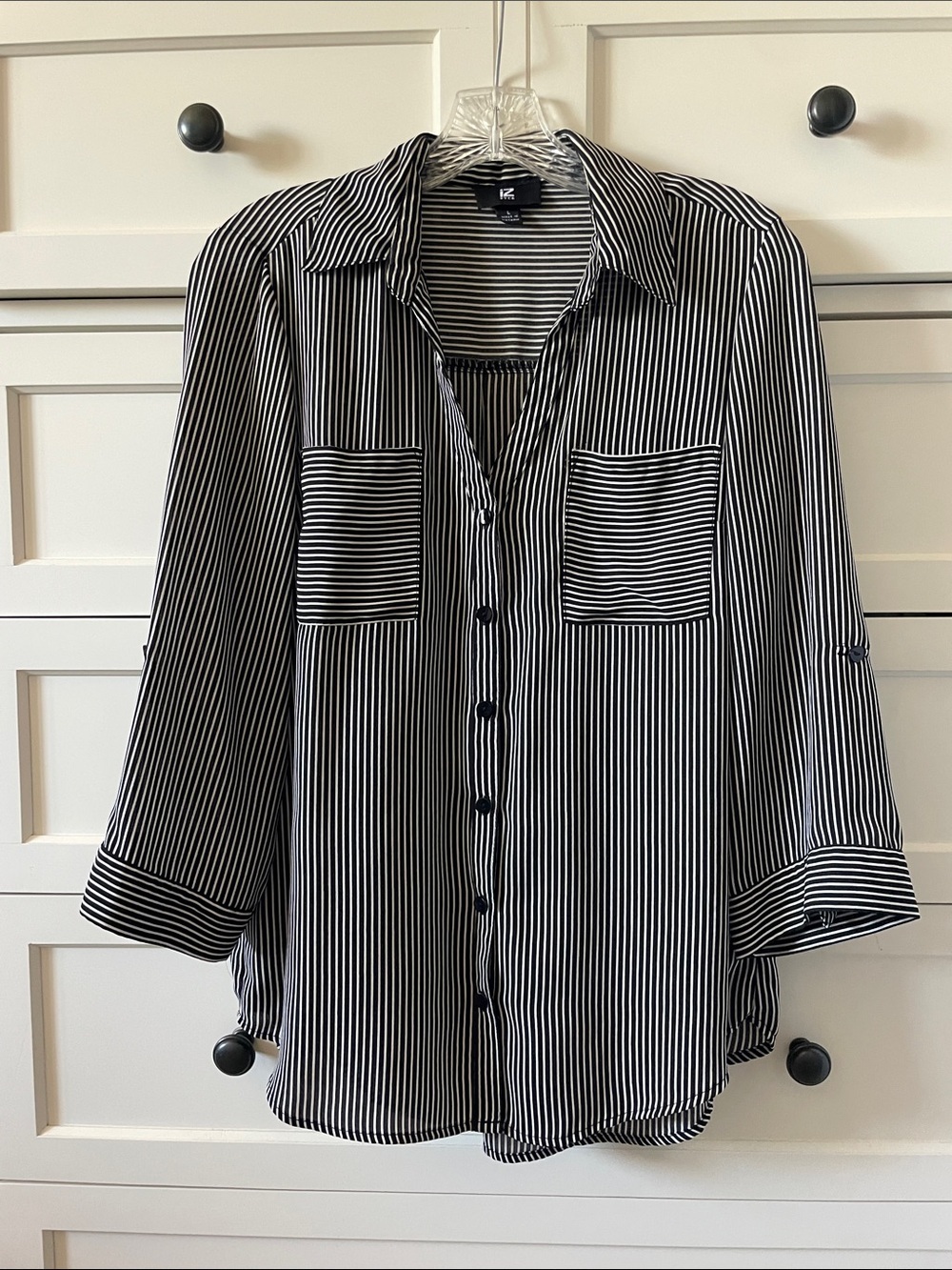 iZ Byer Women’s Black and White Striped Business Casual Button-Down Shirt -Large